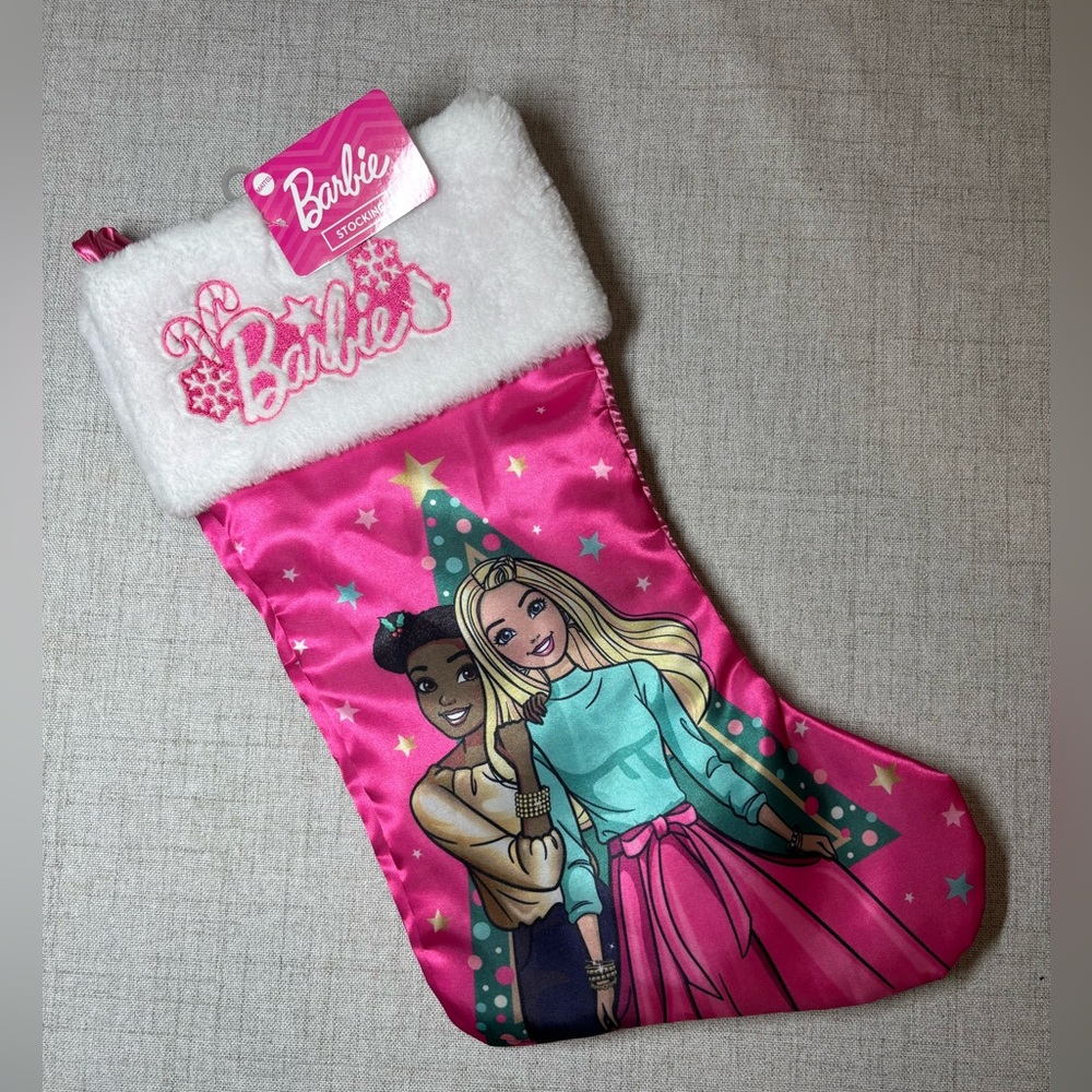 BARBIE pink satin and faux fur trim Christmas stocking. 18” long, 9” wide at fur
